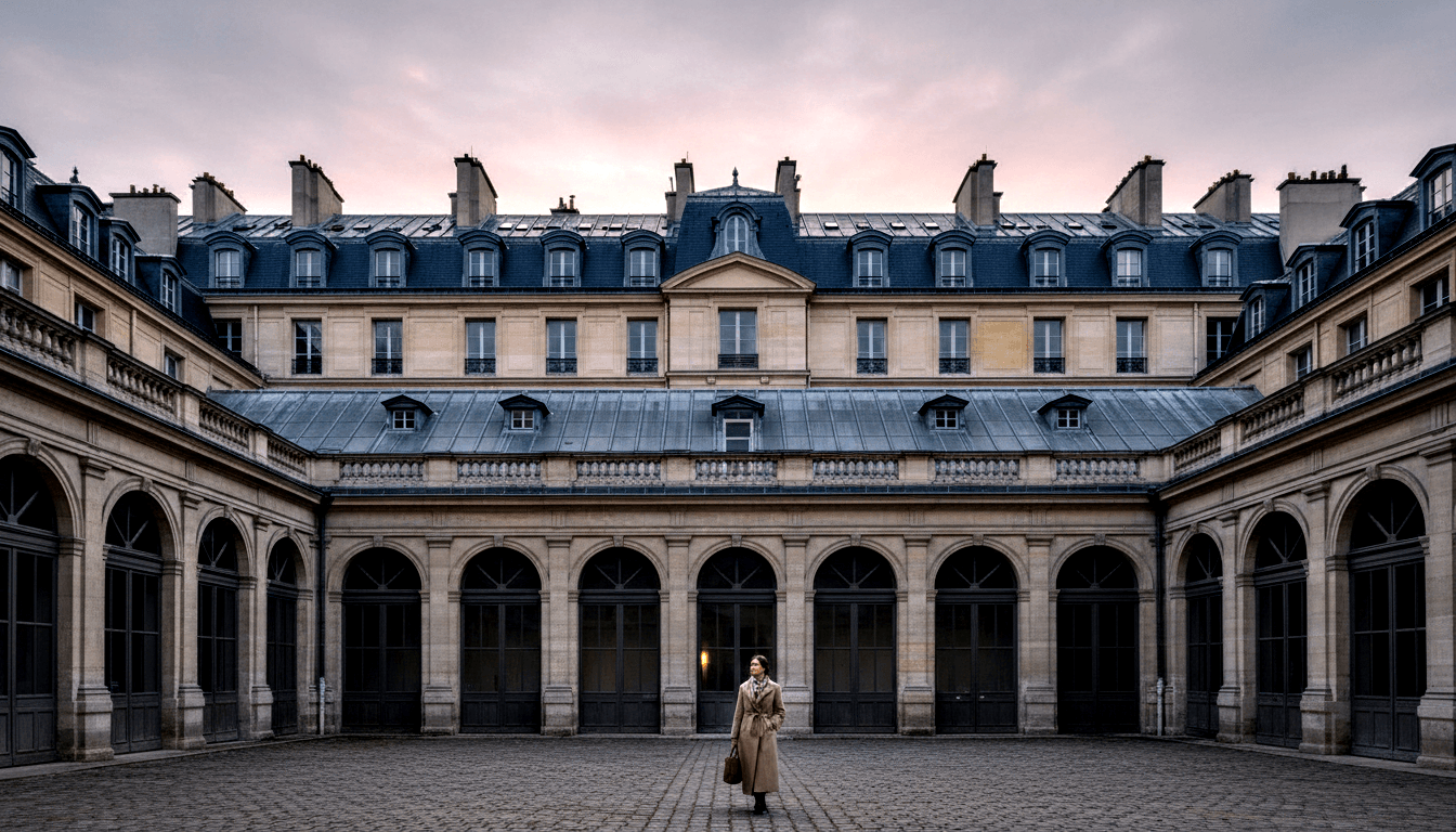 Woman in camel coat with red handbag stands in cobblestone courtyard of grand classical stone building with arched colonnades.