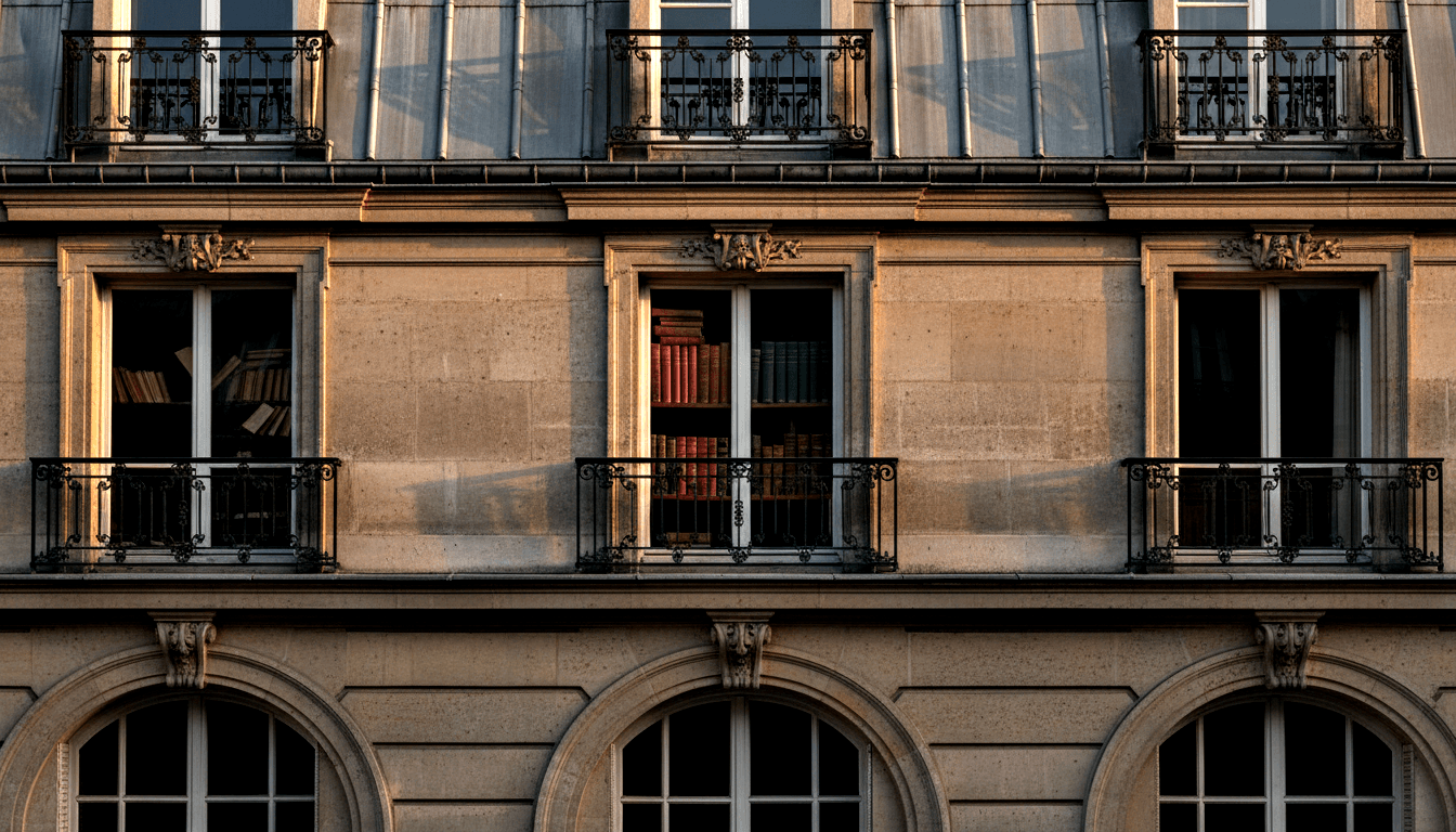 Haussmann limestone façade, wrought-iron balconies, open middle window revealing dramatically lit leather-bound bookshelves.