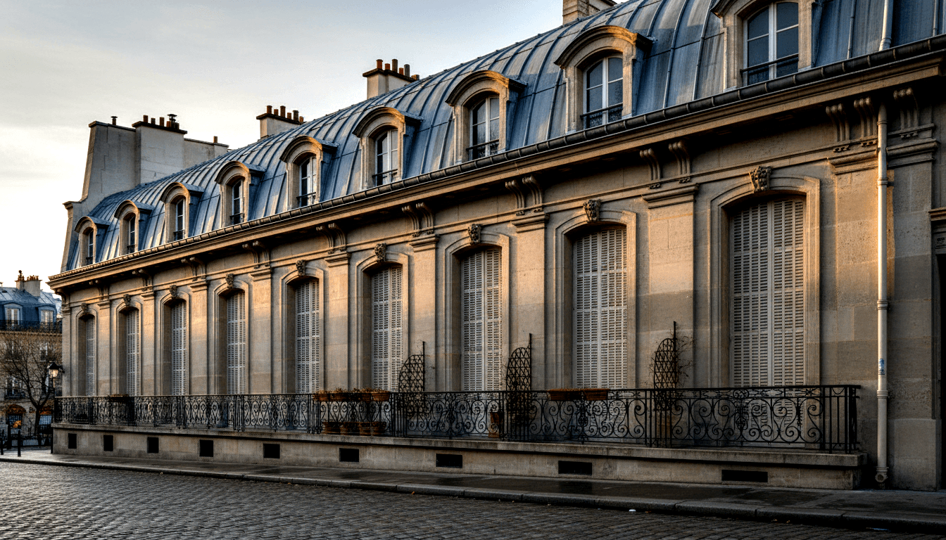 Multi-storied classical building with golden limestone facade, tall arched windows, louvered shutters, and slate blue-grey mansard roof.