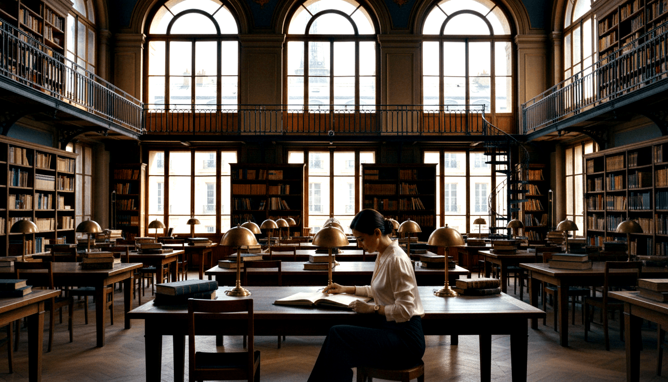 Dark-haired woman in white blouse reads at a long wooden table in a vast two-story ornate library with floor-to-ceiling shelves.