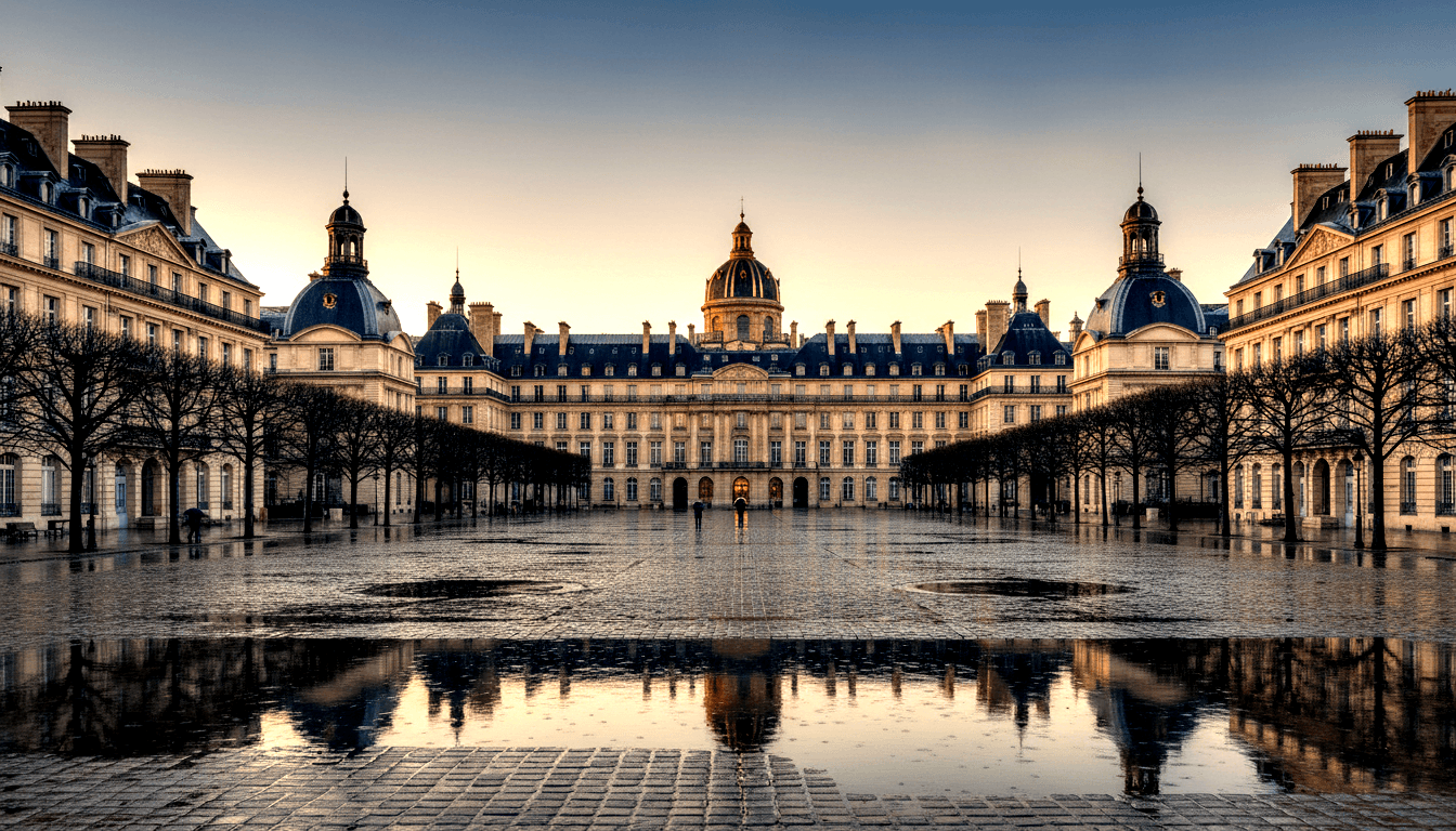 Symmetrical classical palace with cream facades and steel-blue domed cupolas overlooking a wet cobblestone courtyard at golden hour.