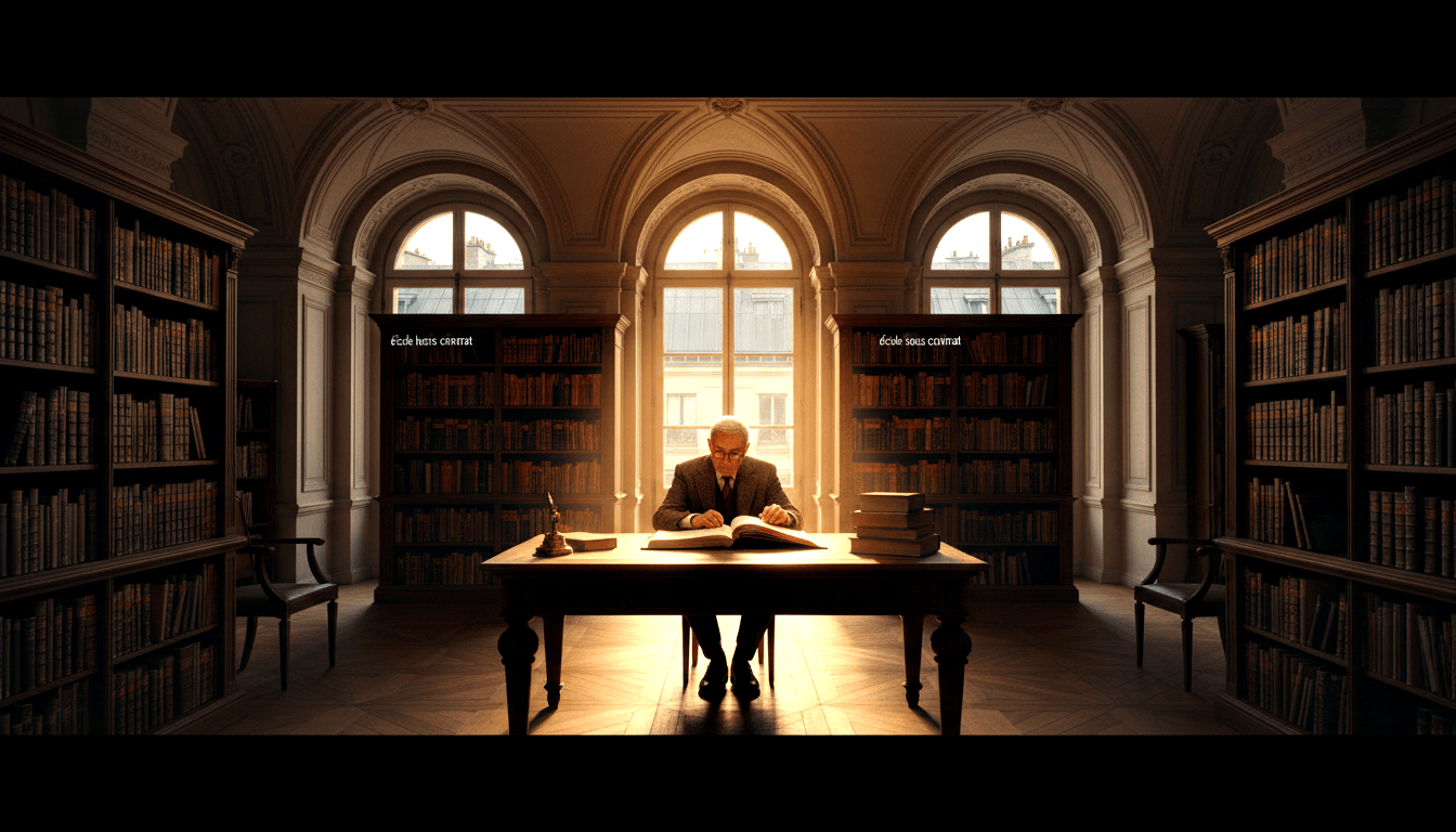 Elderly gray-haired man in dark suit seated at a grand wooden desk, leaning over an open book in an ornate library with floor-to-ceiling shelves.