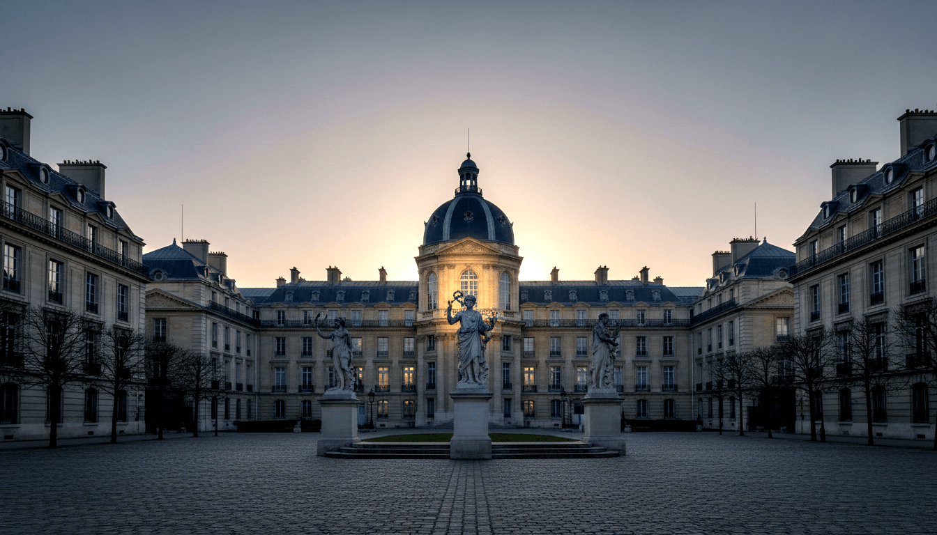 Neoclassical palace with amber-glowing domed lantern at dawn/dusk, mansard wings, three stone sculptures on cobblestone courtyard.