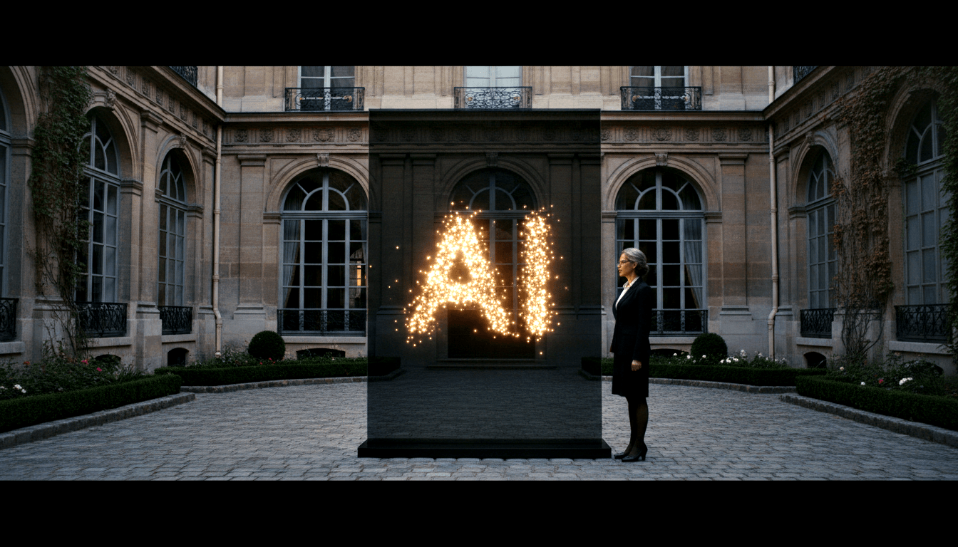 Matte-black monolith with glowing golden 'AI' letters in stone courtyard; silver-haired woman in dark suit stands in profile at dusk.