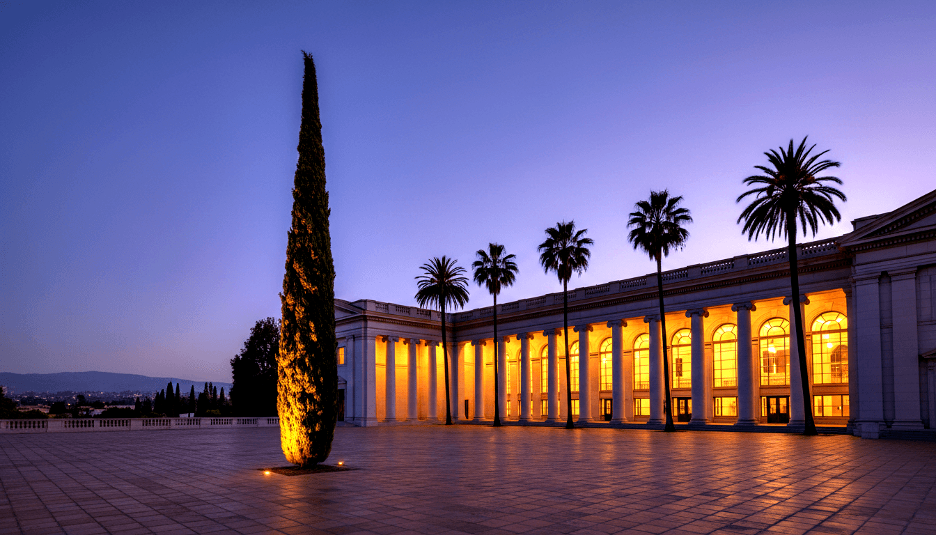 Neoclassical colonnaded building with amber-lit arched windows at twilight, uplit cypress and silhouetted palms against blue-violet sky.