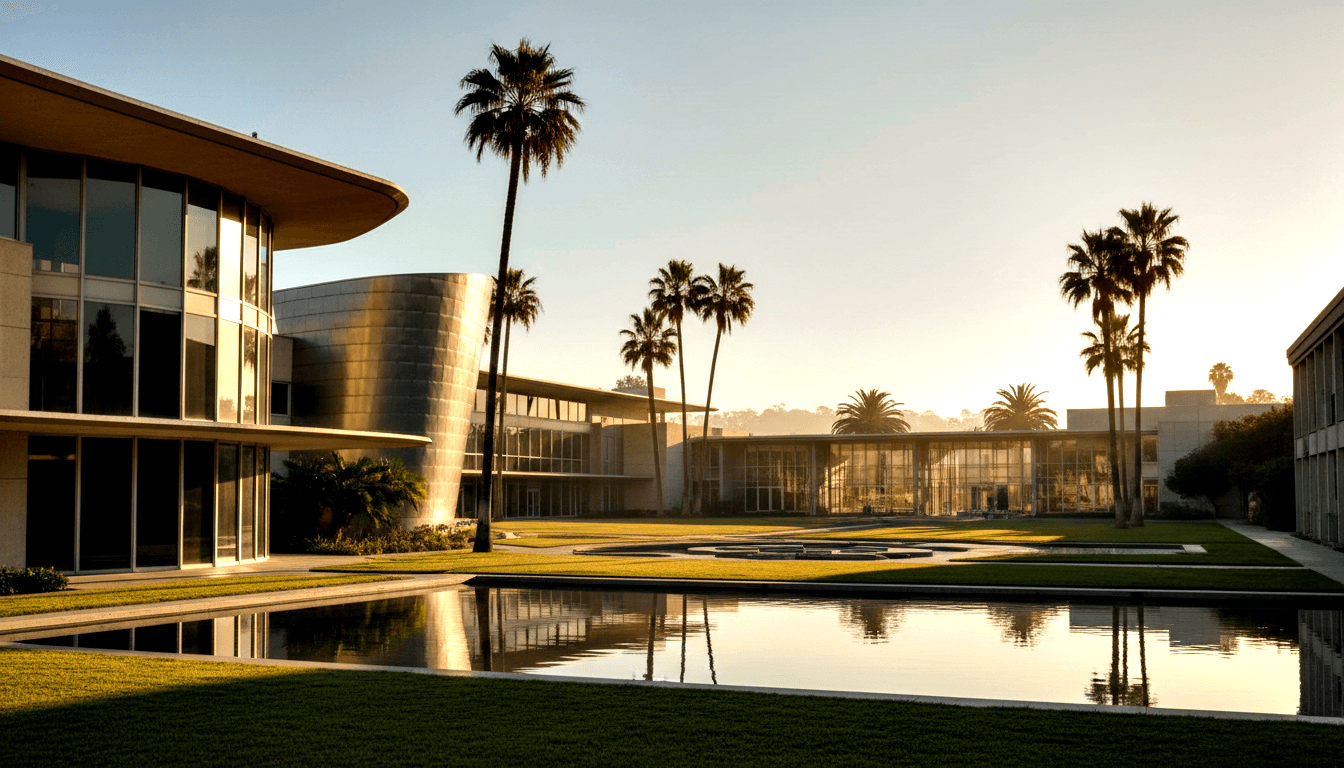 Curved metallic tower flanked by glass buildings, reflective pool with circular fountains, palm trees, manicured lawn at golden hour.
