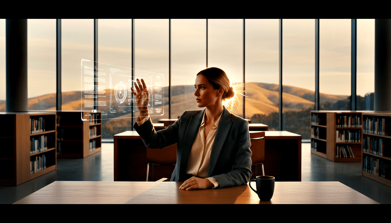 Woman in grey blazer raises her hand toward a floating holographic panel in a library with floor-to-ceiling windows and bookshelves.
