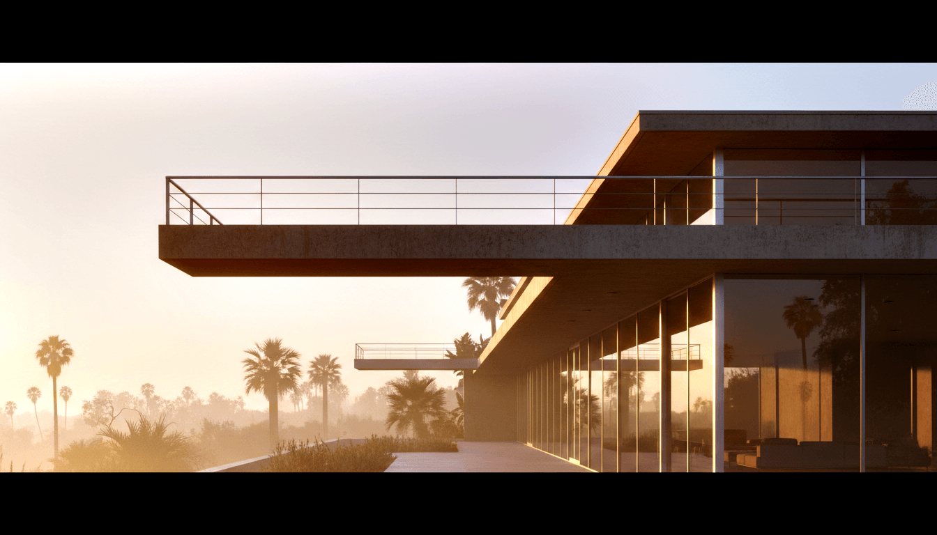 CGI rendering of minimalist building with cantilevered concrete terraces, glass curtain walls, and palm tree silhouettes in golden haze.