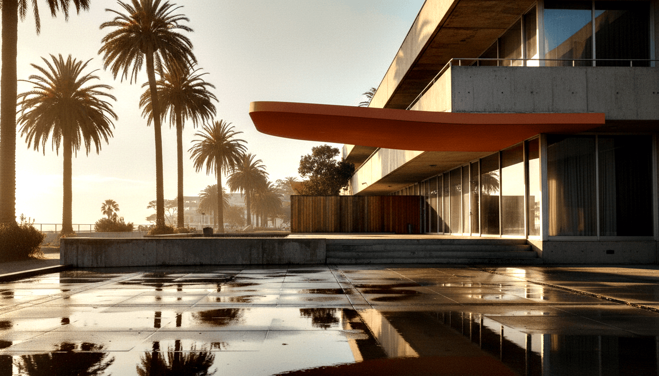 Modernist building with cantilevered orange-terracotta canopy and glass curtain walls beside tall palm trees under a warm golden backlit sky.