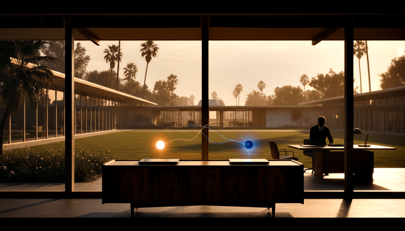 Mid-century office: dark wood desk, glass walls, palm trees, two floating orbs—amber-orange and blue—connected by glowing trails.
