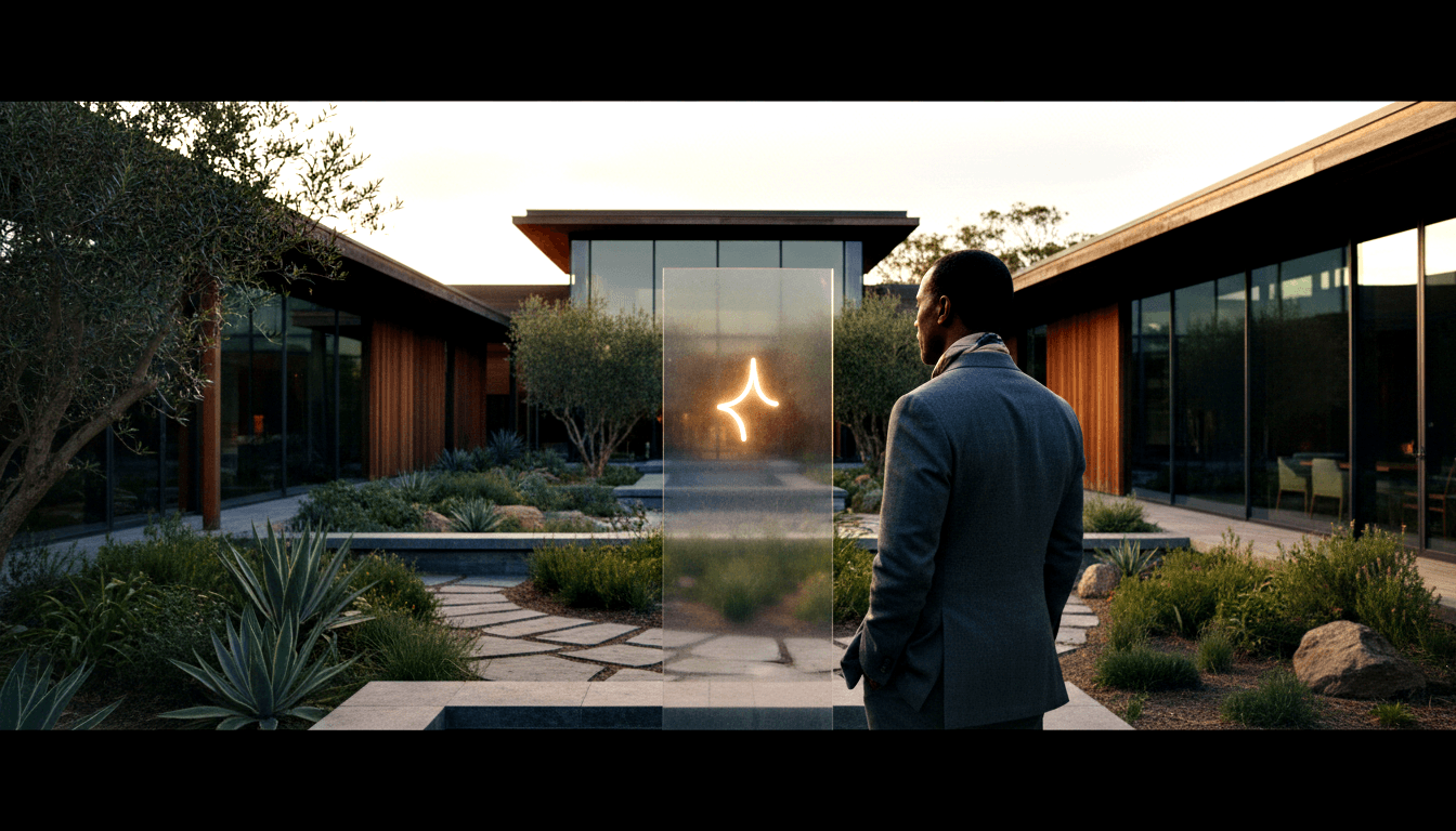 Man in grey blazer, back to camera, faces a tall frosted glass monolith displaying a glowing amber-gold four-pointed star emblem at dusk.