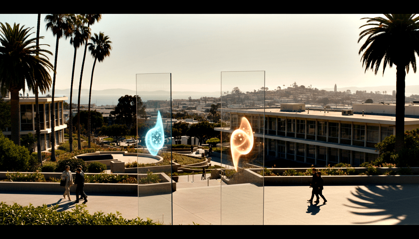 Modernist plaza with two tall glass sculptures enclosing glowing cyan-blue and amber-orange energy forms; palms, planters, buildings behind.