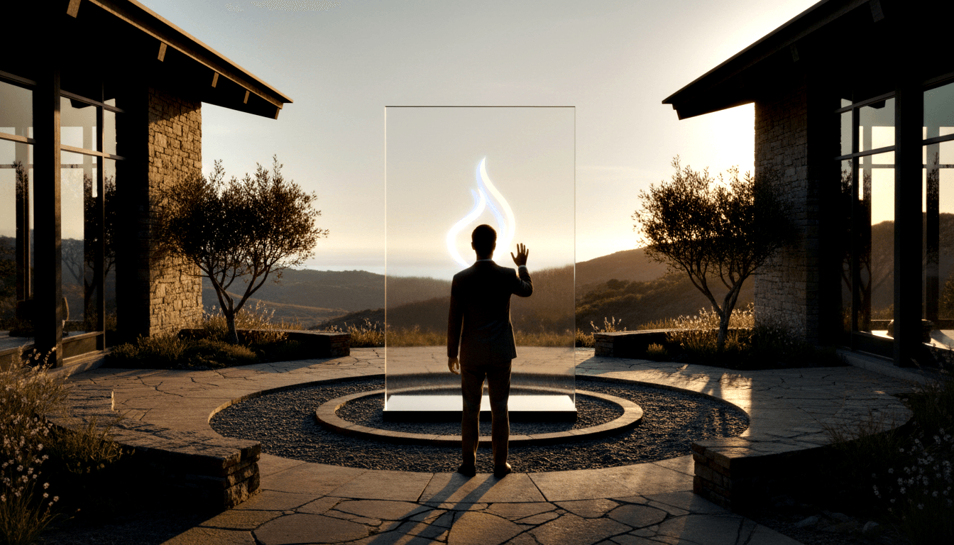 Dark-suited male silhouette facing a large glowing blue-white panel in a symmetrical stone-paved courtyard, golden hillside at dusk beyond.