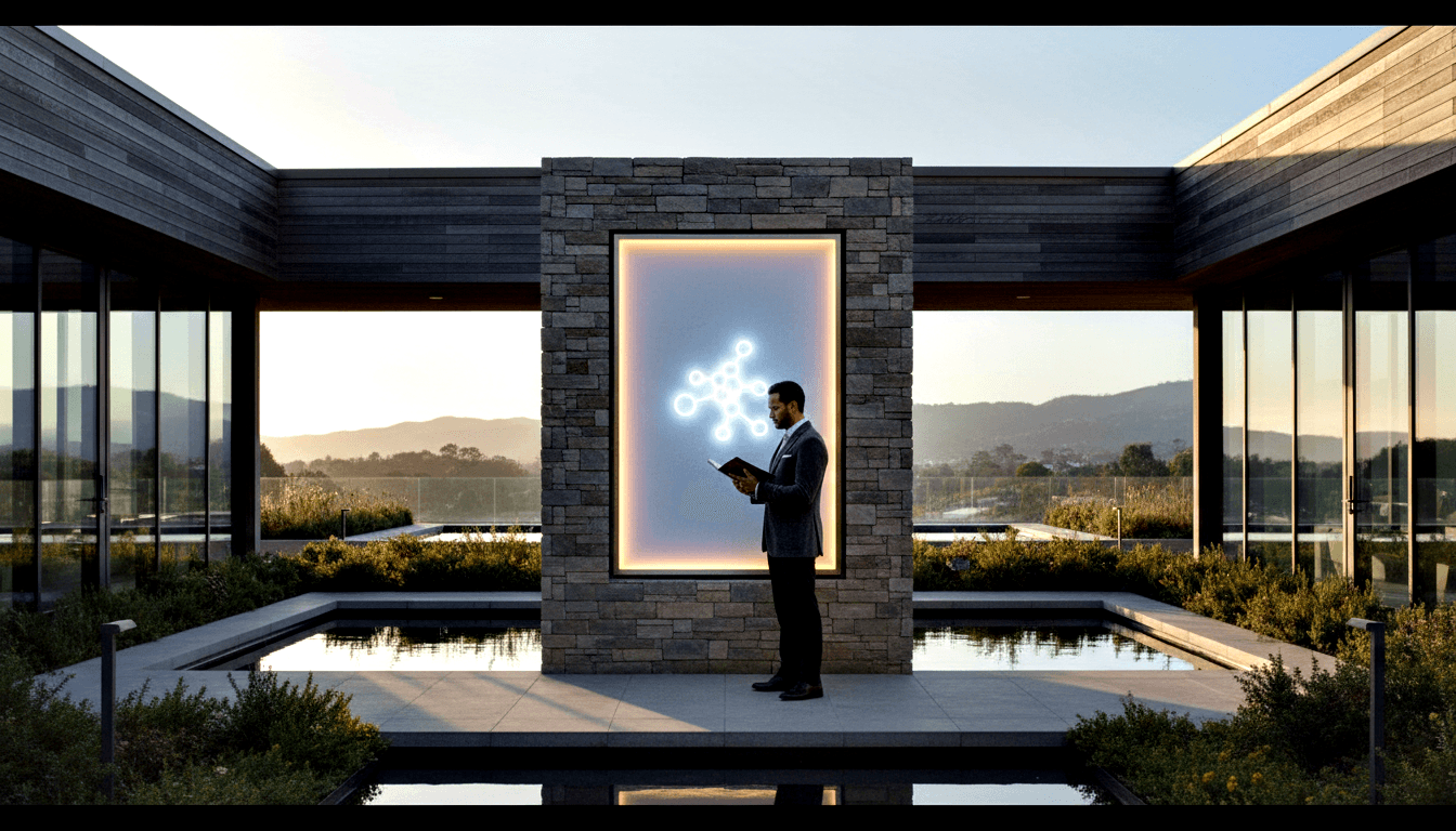 Man in navy suit holding open book on stone platform, facing a glowing holographic molecular network diagram on a backlit stacked stone wall.