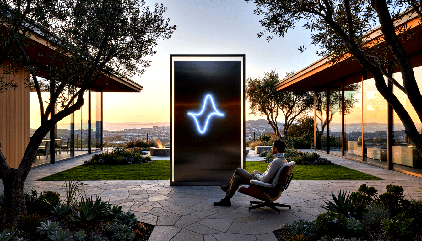 Man reclining in walnut-and-leather lounge chair on stone terrace, facing a large dark panel with a glowing blue-white four-pointed star.