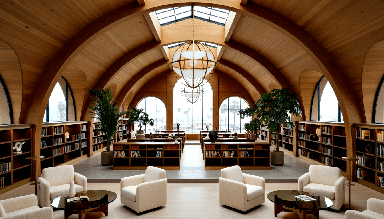 Barrel-vaulted wooden ceiling reading room with book-lined walls, cream armchairs, round tables, and arched windows framing palms.