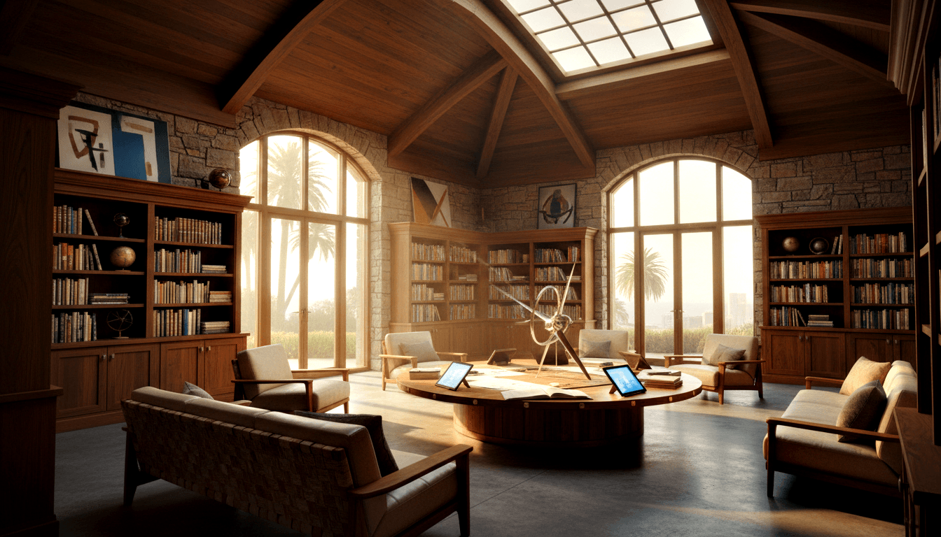 3D-rendered library with wooden bookshelves, round table, armchairs, armillary sculpture, vaulted beam ceiling, and arched windows.