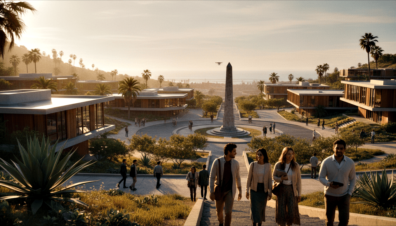 CGI plaza with tall stone obelisk on raised platform, flanked by buildings, agave-lined paths leading to coastline, people walking.