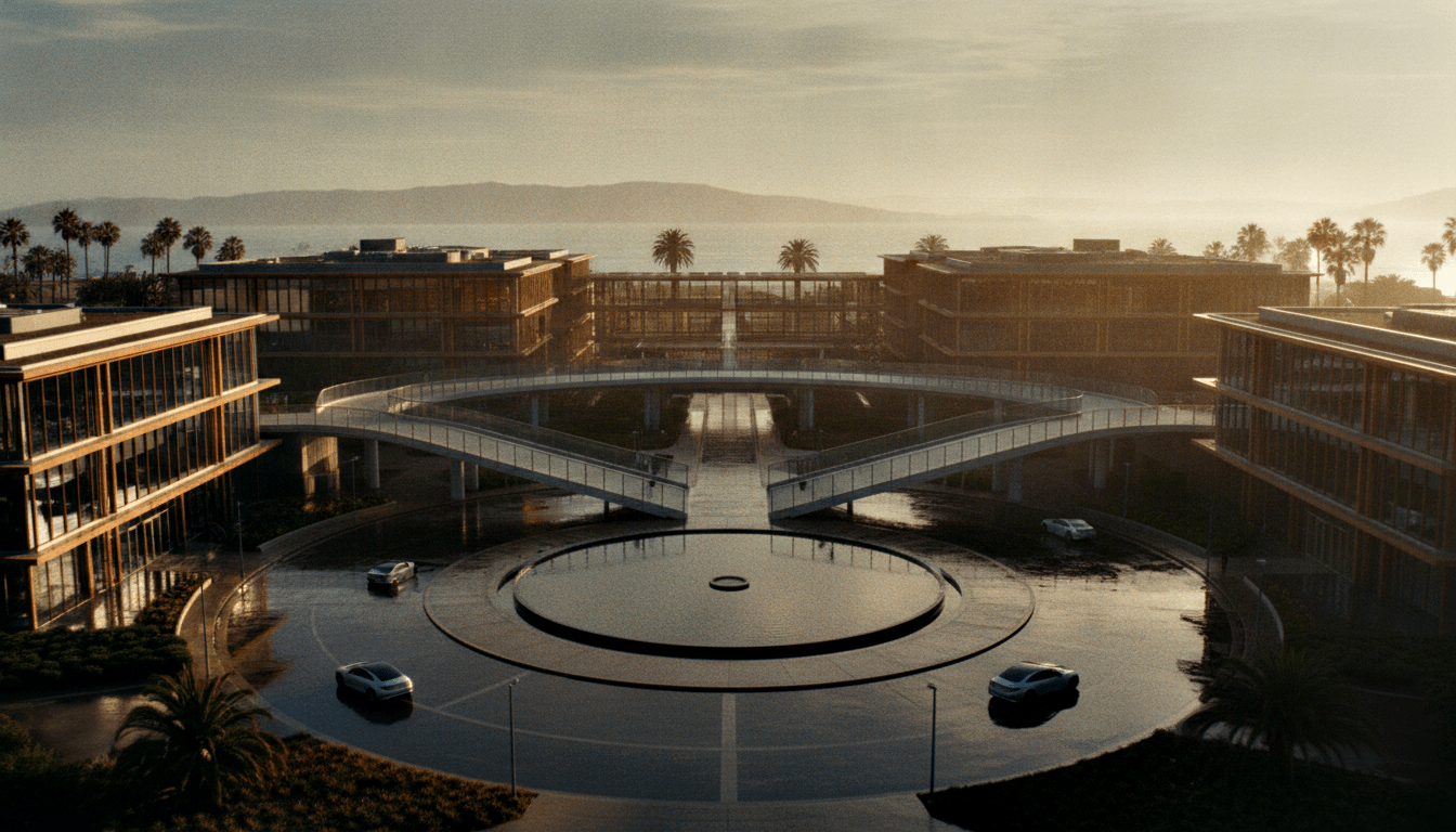 Aerial view of glass-and-wood campus buildings around a circular roundabout, linked by a curved elevated walkway with glass rails.