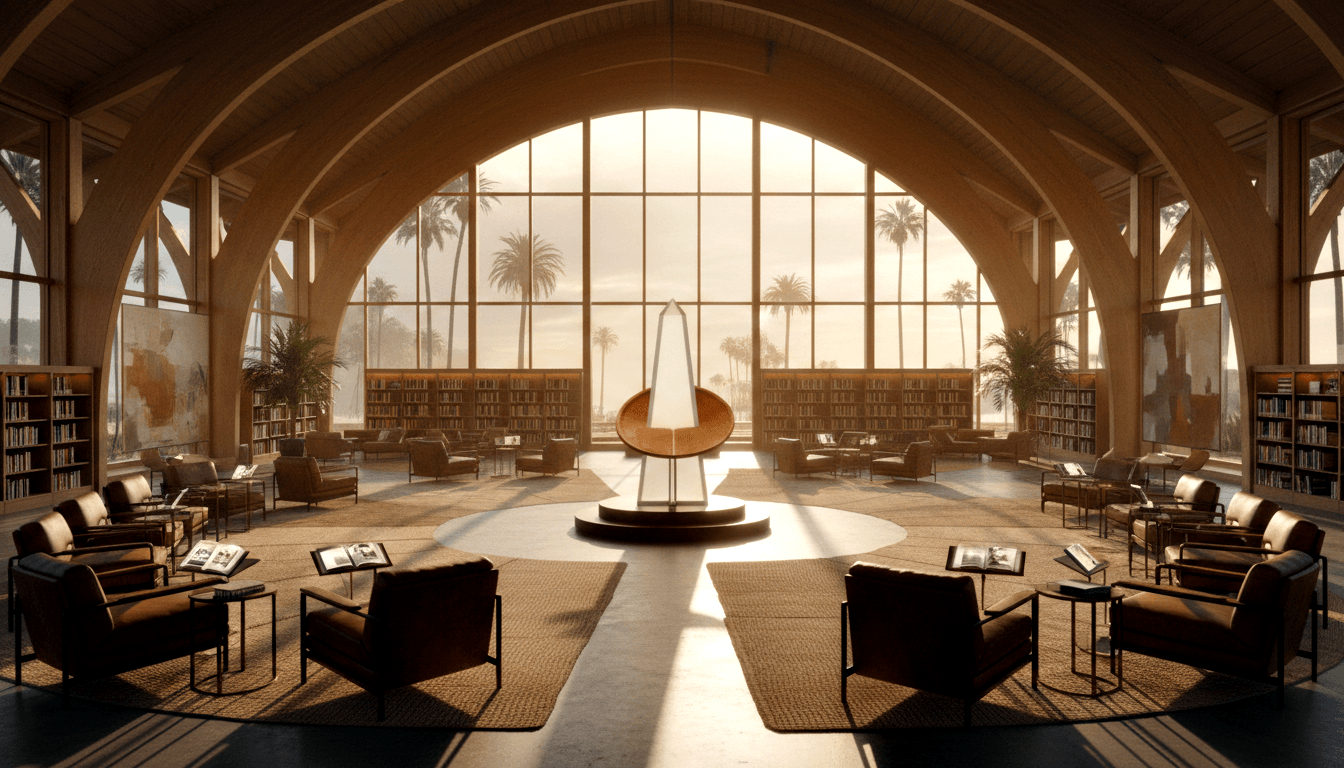 CGI library hall: barrel-vaulted wood ceiling, leather armchairs around white obelisk, bookshelves, arched window with palms