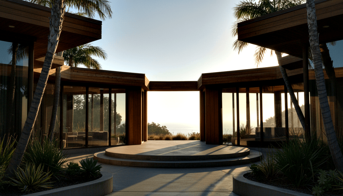 Symmetrical curved building with timber roof overhangs and glass walls, two wings framing an ocean horizon at golden hour.
