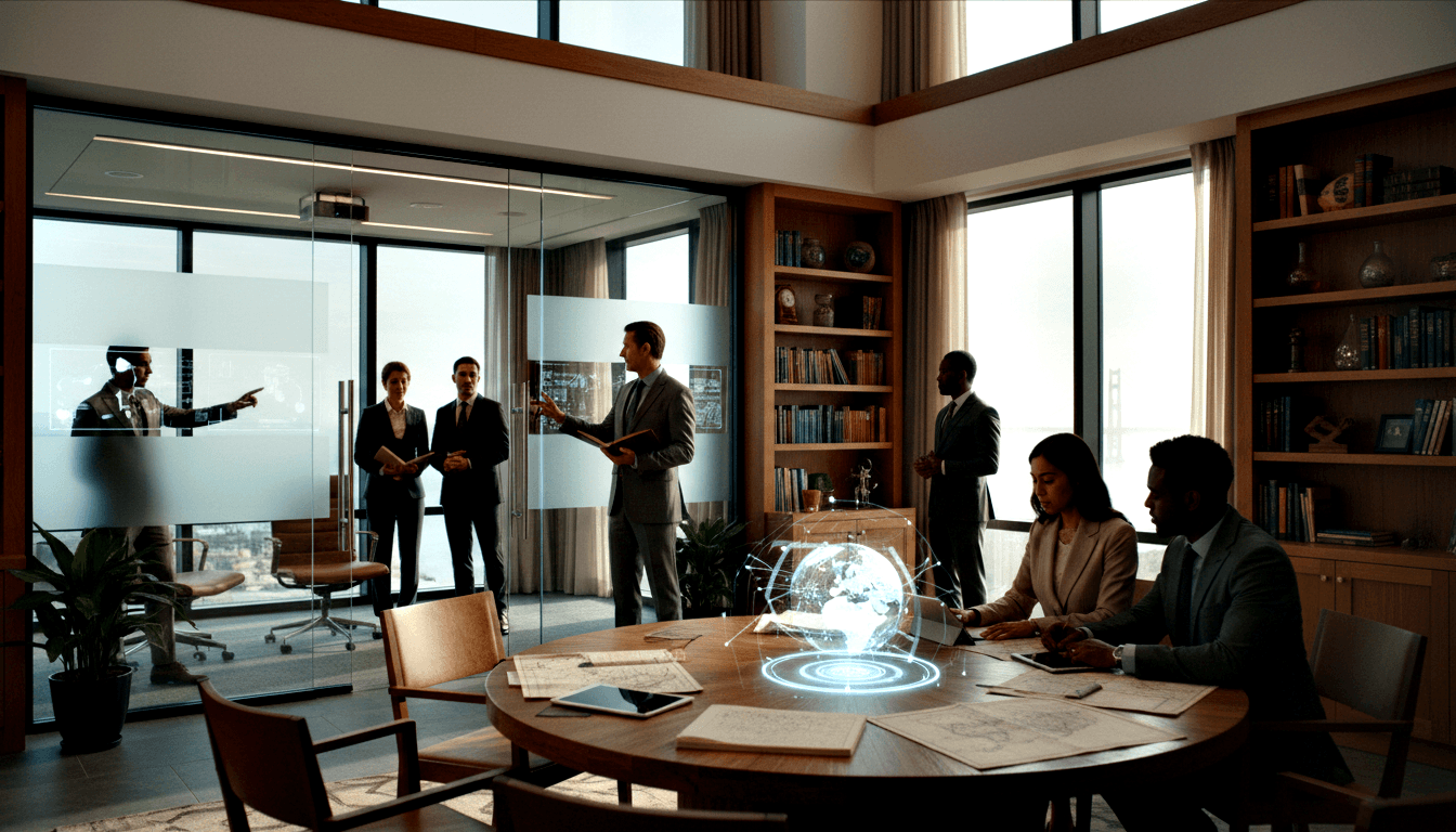 Six or seven business professionals around a round wooden table with a glowing holographic globe at center, documents and tablets nearby.