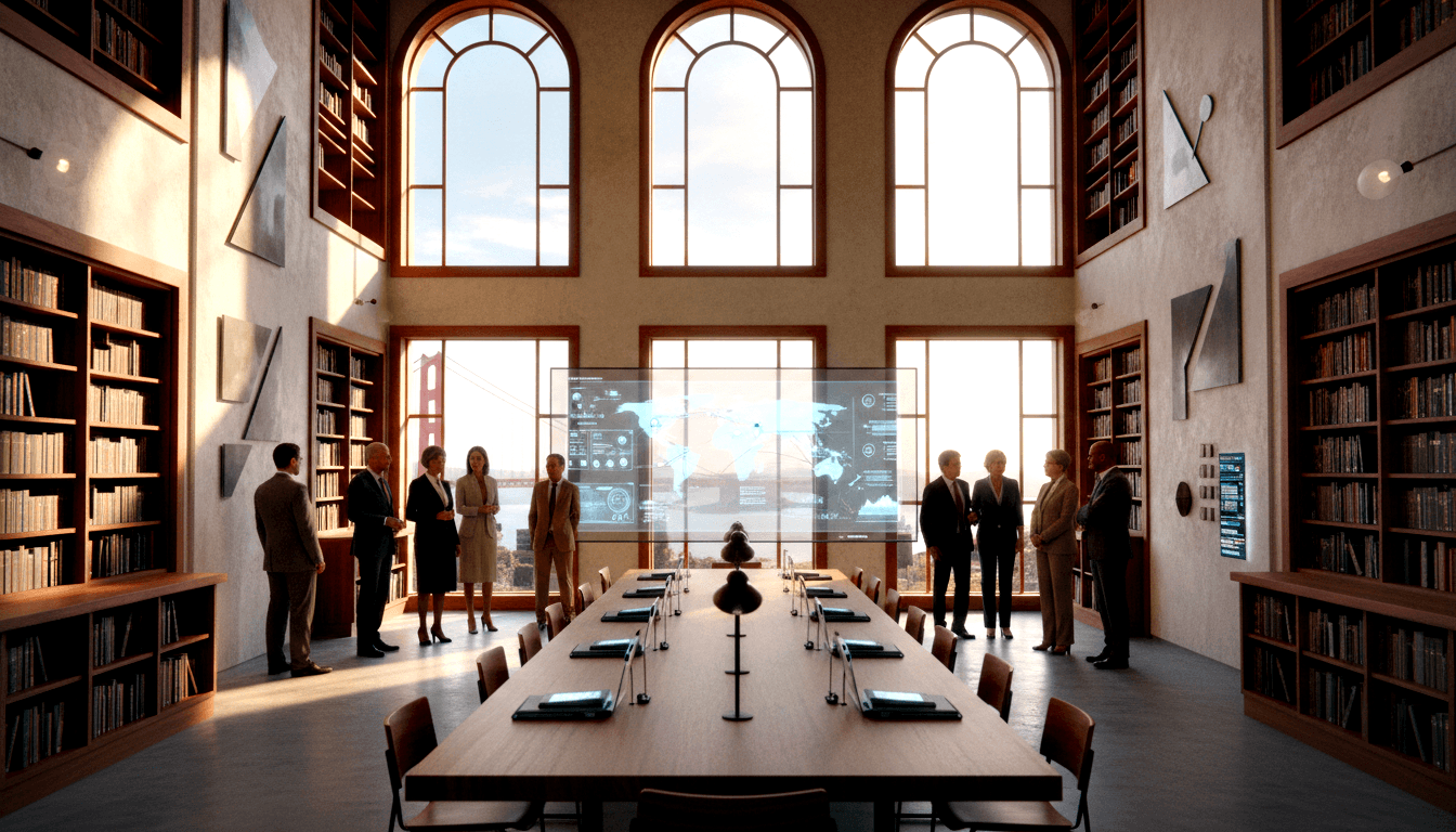 3D boardroom in classical library; adults at dark table with tablets face holographic world map; arched windows show suspension bridge.