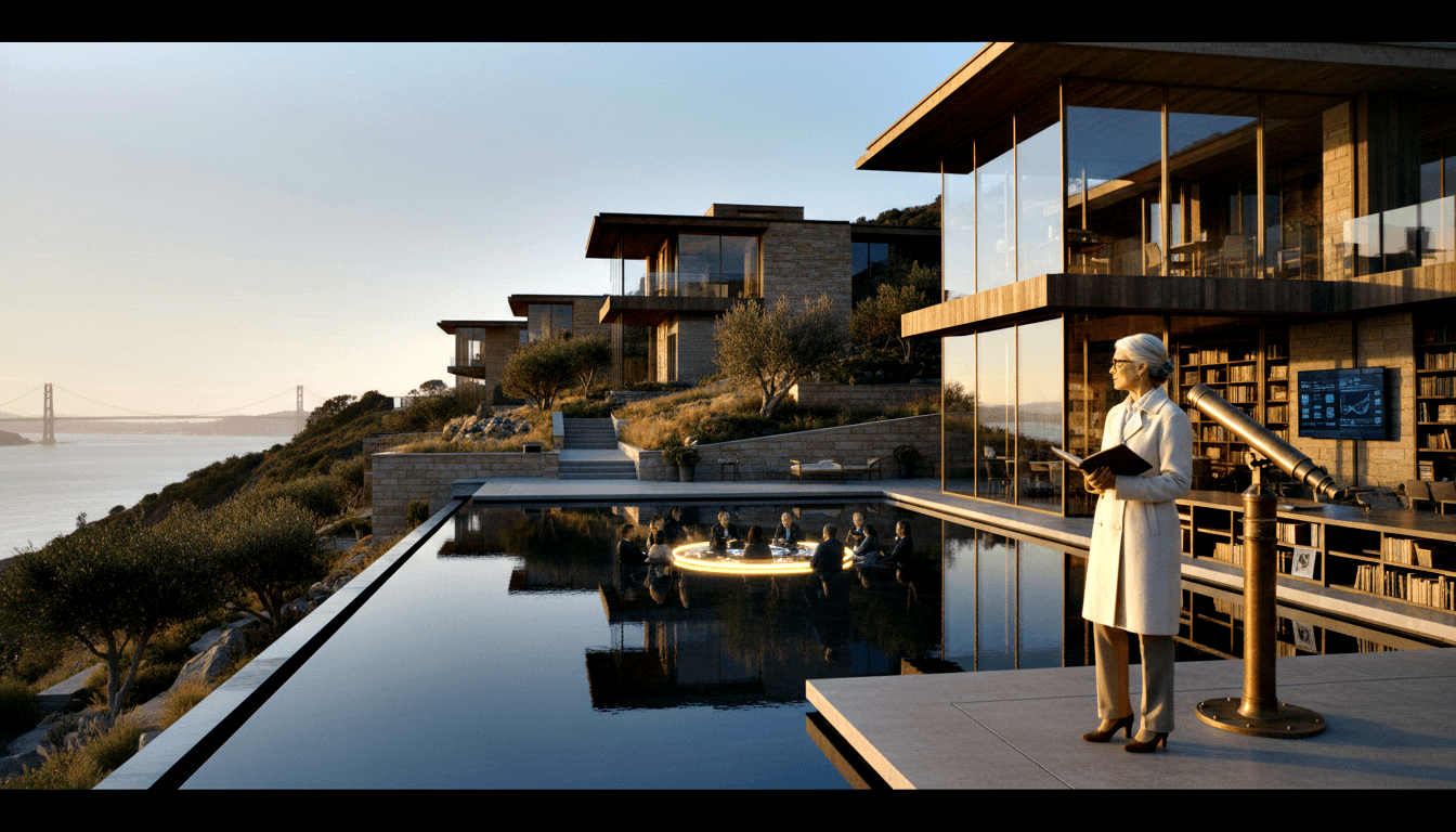 Silver-haired woman in glasses and white coat holds open book beside brass telescope; glowing circular table with figures near infinity pool.