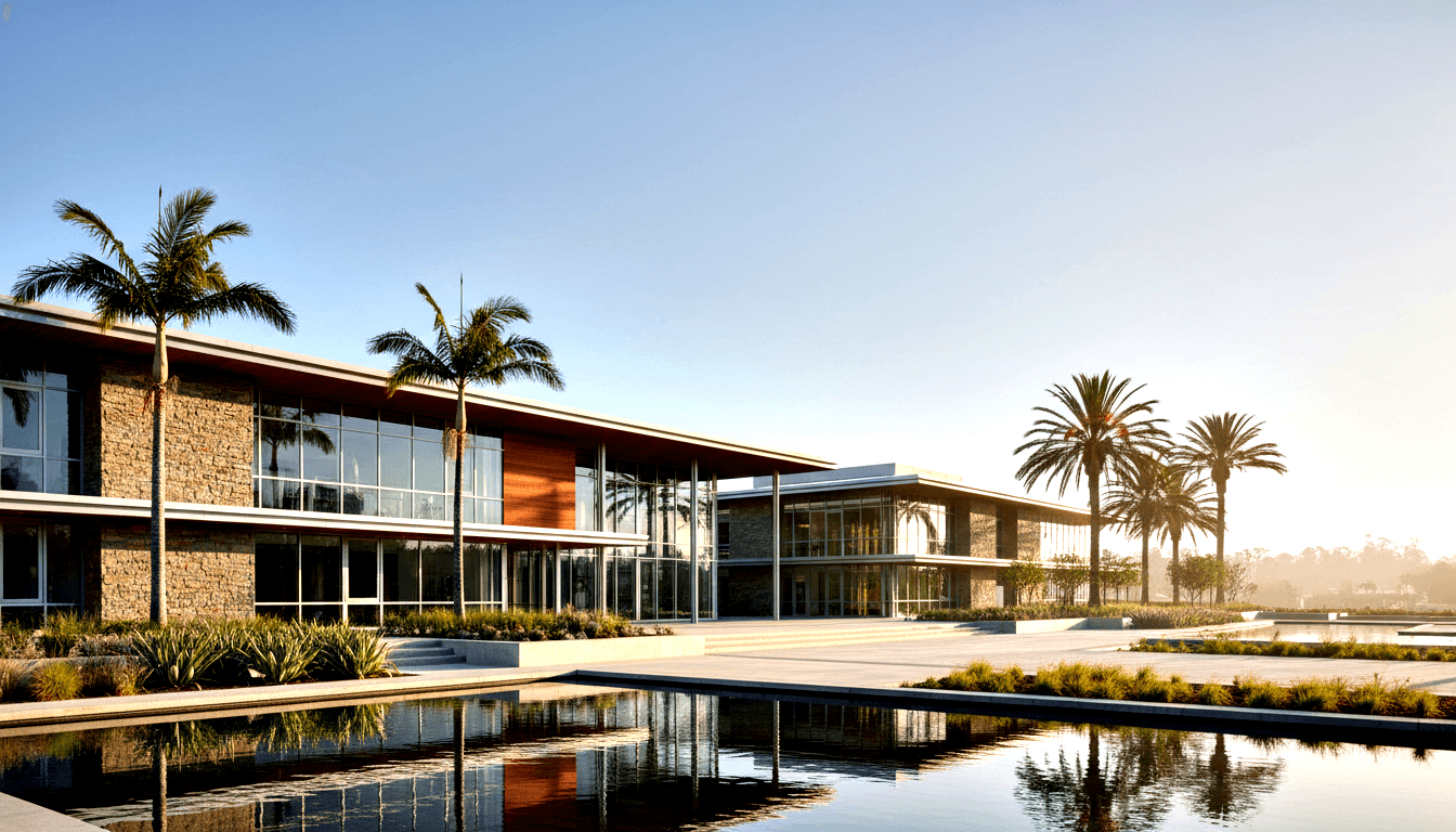 Two-story building with stone veneer, wood cladding, and glass curtain walls beside a reflective pool, palms, and agave plants.