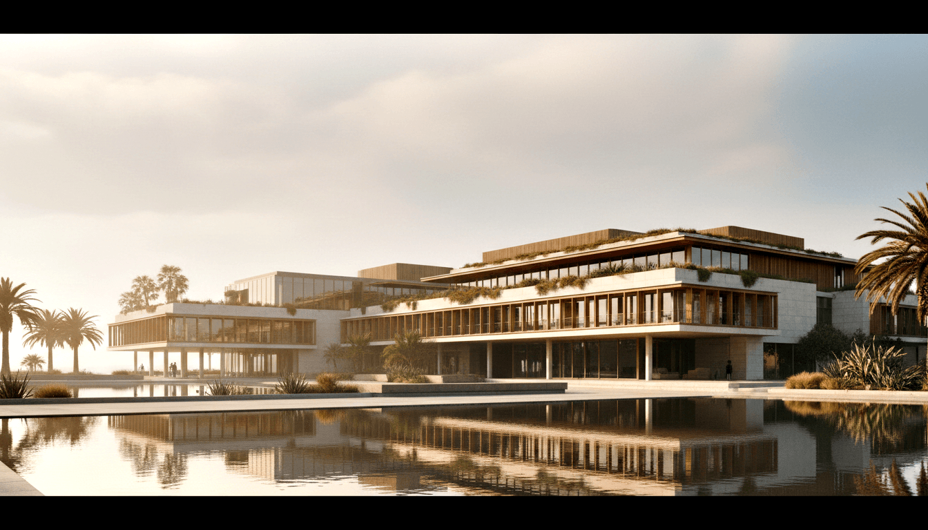 CGI rendering of a multi-story building with cream facades, wood-louvered screens, and rooftop greenery reflected in a foreground pool.