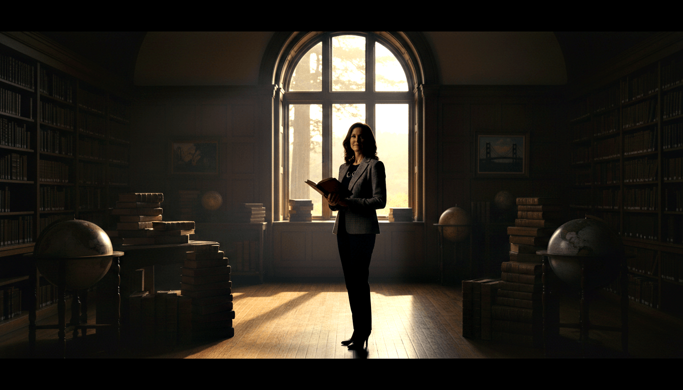 Middle-aged woman in gray blazer holding open book in grand library with floor-to-ceiling shelves and Gothic arched window.
