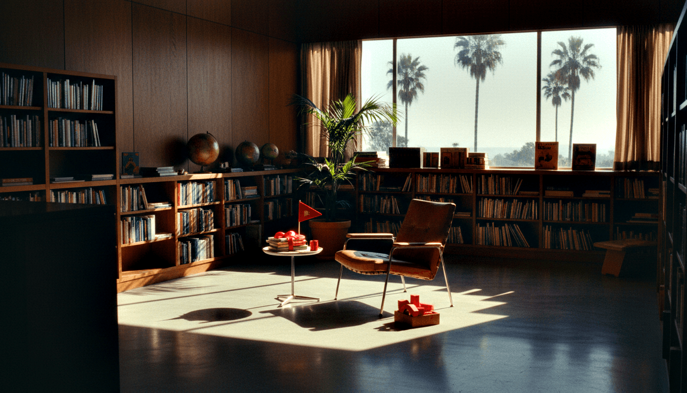CGI mid-century modern library: leather armchair with chrome legs, pedestal table, wood-paneled walls, palm tree view.