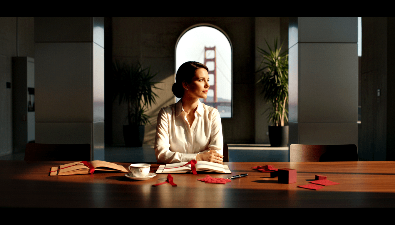 Woman in white blouse sits at wooden table with book, teacup, red ribbon; arched window frames suspension bridge behind her.