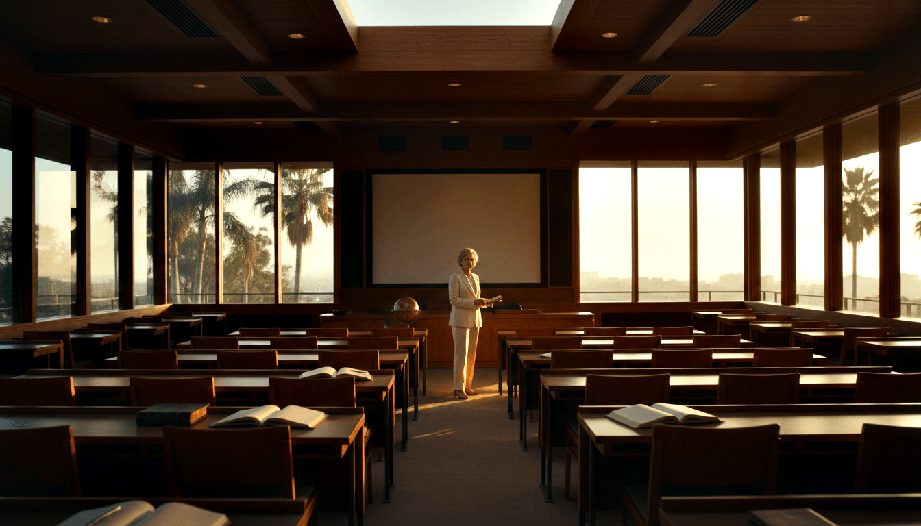 Light-haired woman in cream pantsuit holding papers stands at the front of a large empty lecture hall with rows of wooden desks and open books.