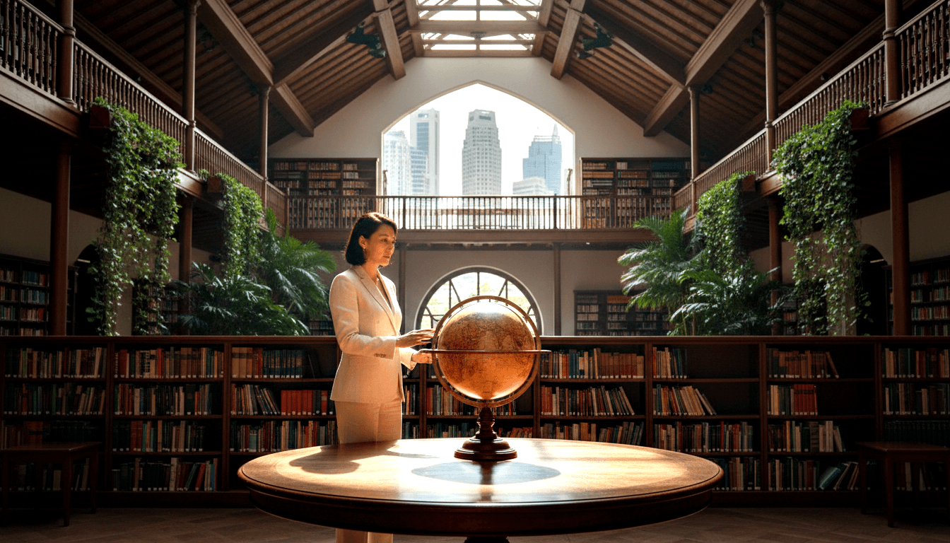 Woman in cream blazer rests hand on antique globe at a round wooden table inside a two-story library with floor-to-ceiling bookshelves.