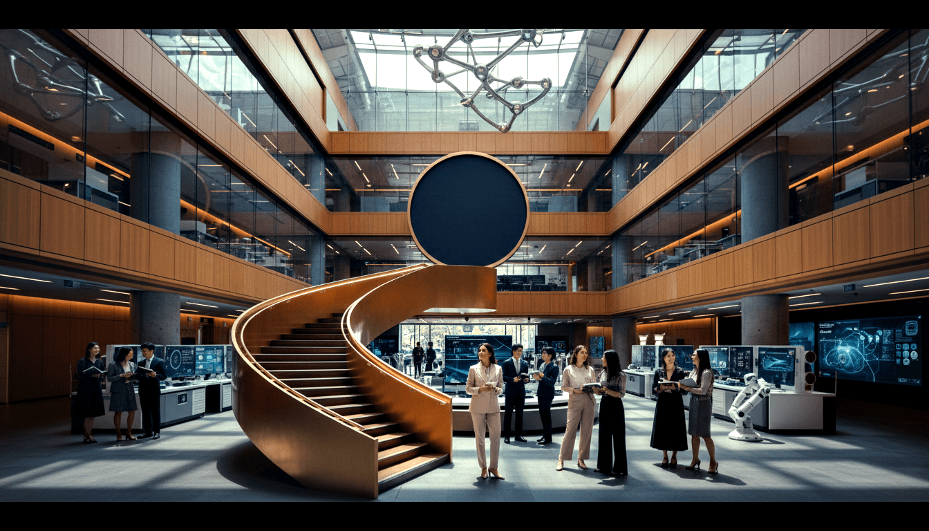 CGI atrium with golden helical staircase, amber wood paneling, glass walls, molecular sculpture, suited professionals, and white humanoid robot.