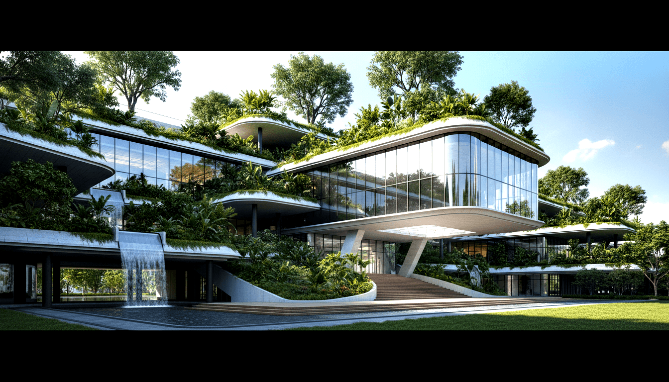 CGI rendering of multi-story building with terraced green roofs, glass curtain walls, concrete overhangs, palms, and a waterfall.