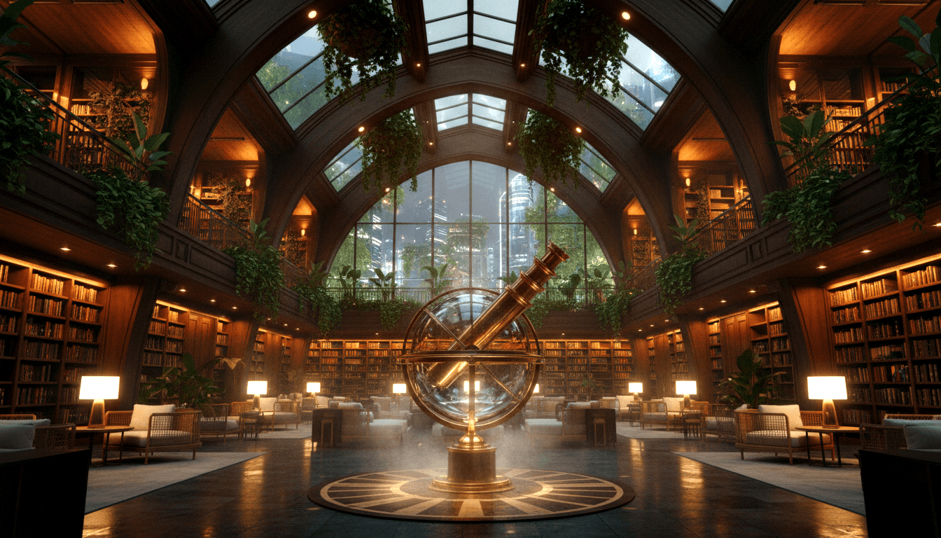 CGI library: brass armillary sphere, multi-level dark wood shelves, vaulted glass ceiling, Gothic arch framing nighttime cityscape.