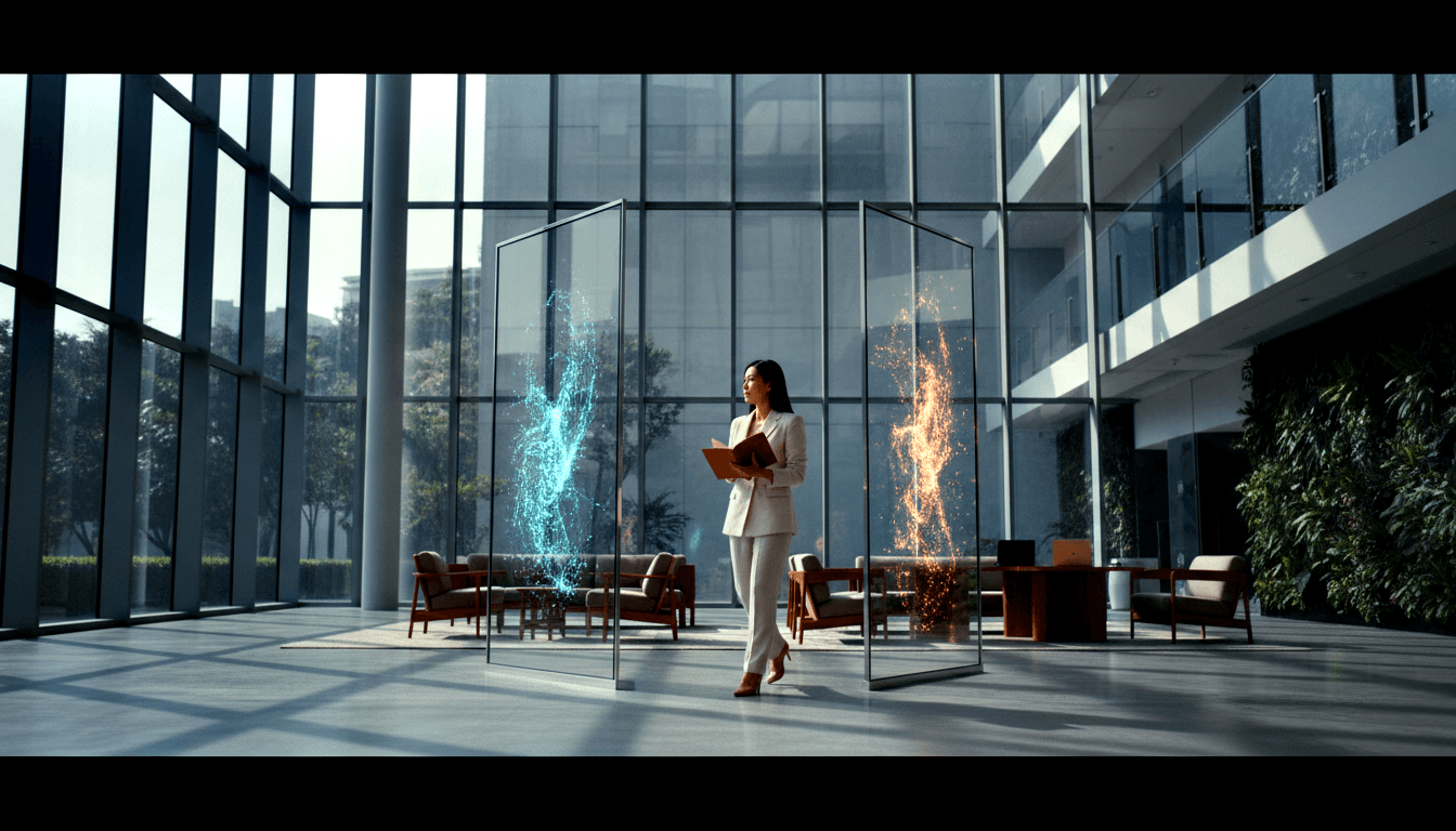 Woman in white pantsuit holding a book stands between a cyan-blue and amber-orange glowing energy column in a contemporary interior.