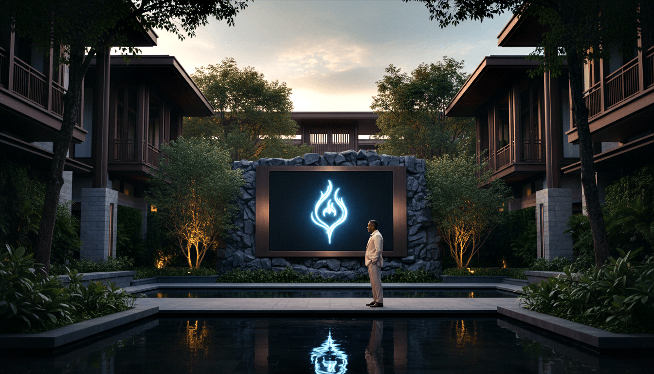 Man in cream suit before a glowing blue-white flame emblem on a stone wall, flanked by dark buildings and amber-lit tropical trees at twilight.
