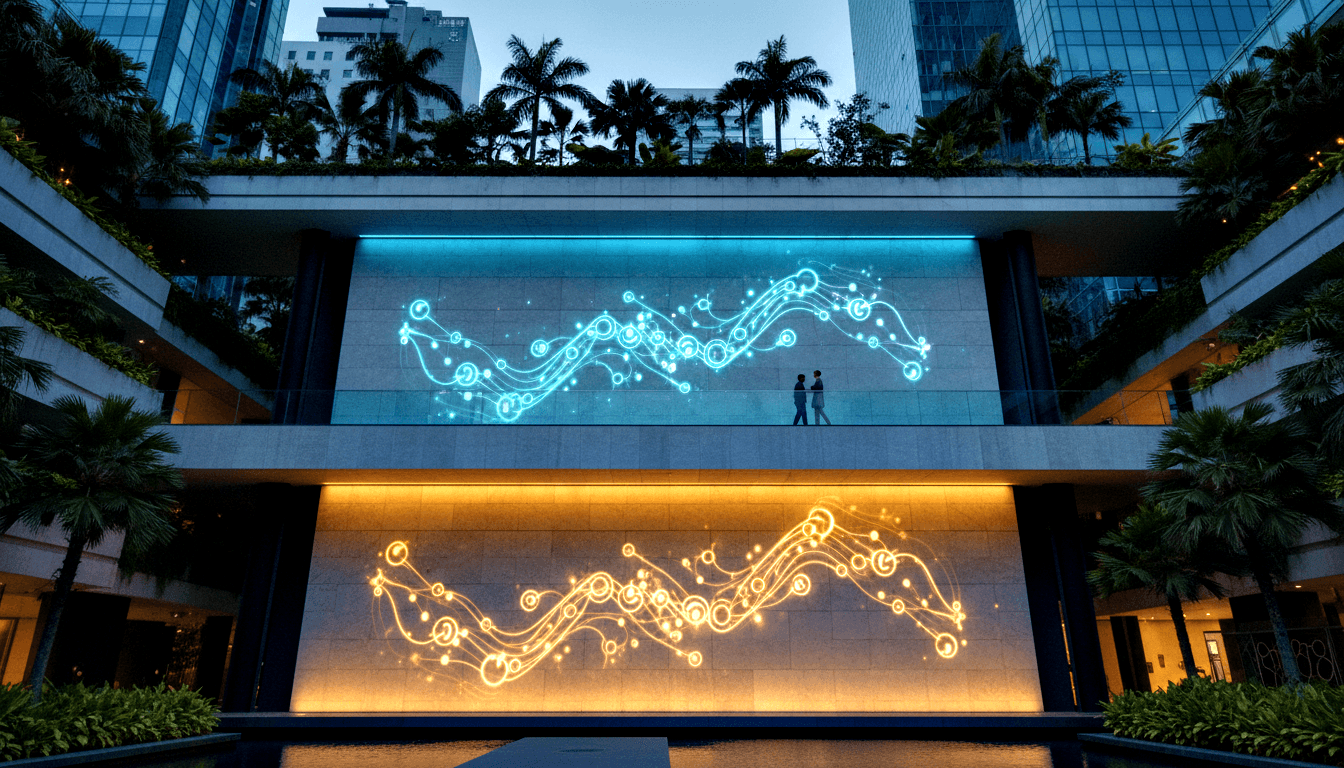 Symmetrical atrium at dusk with cyan and amber wave-pattern wall installations flanked by palm-lined terraces and glass towers.