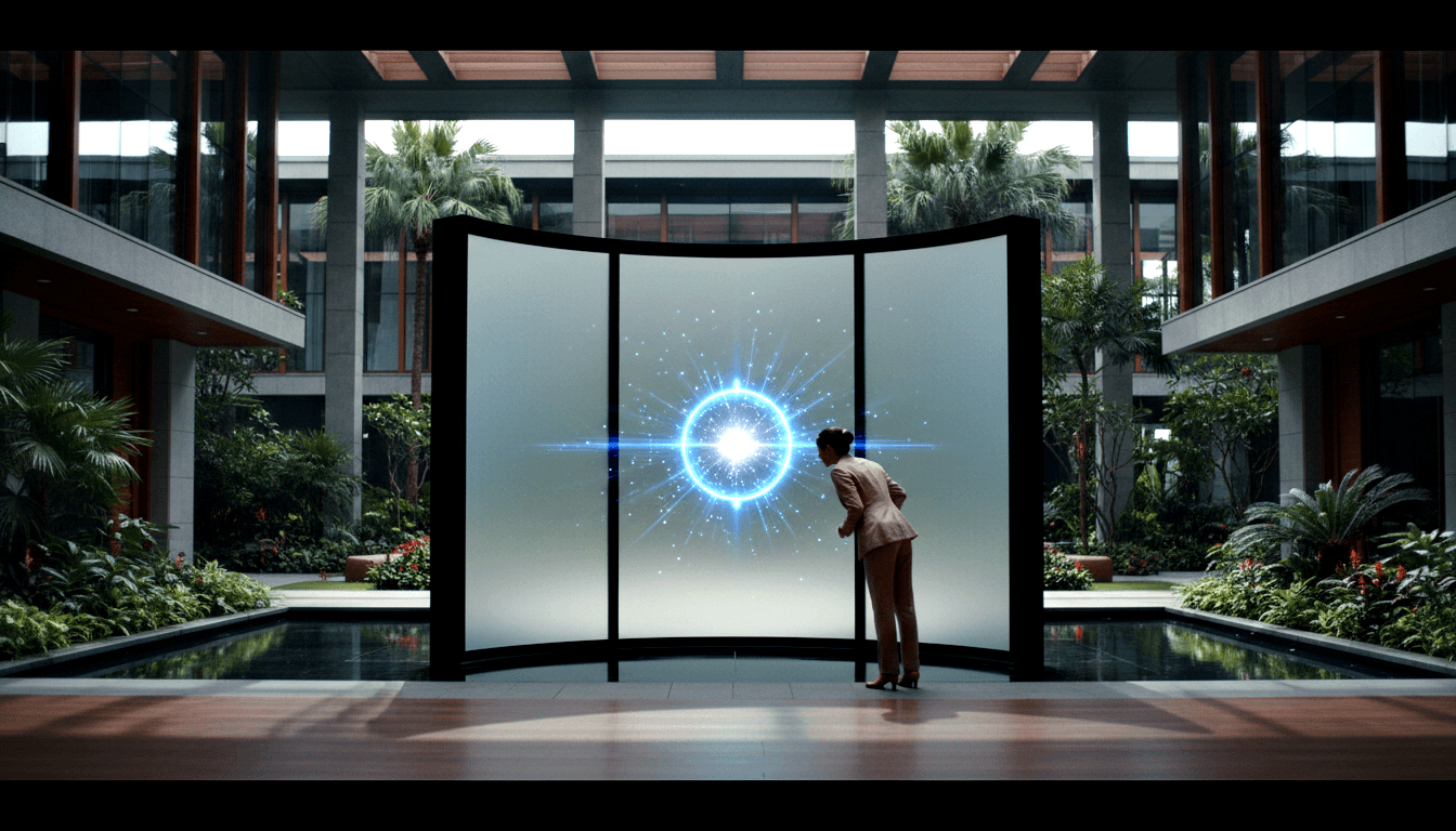 Person in tan suit, back to viewer, faces curved triptych display with blue-white orb in skylit atrium with pools and palms.