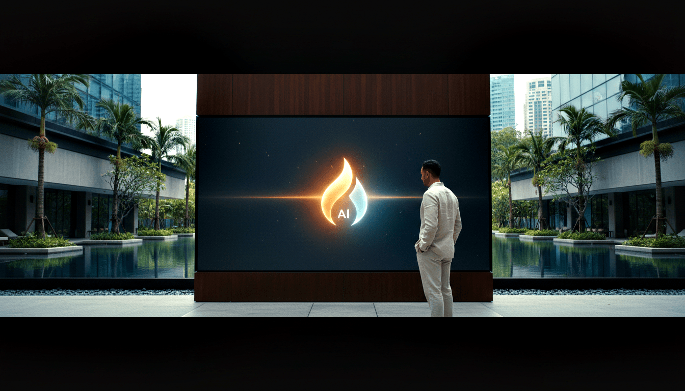 Man in beige linen suit facing a large screen displaying a dual-flame AI logo in orange and cyan, flanked by reflecting pools and palm trees.