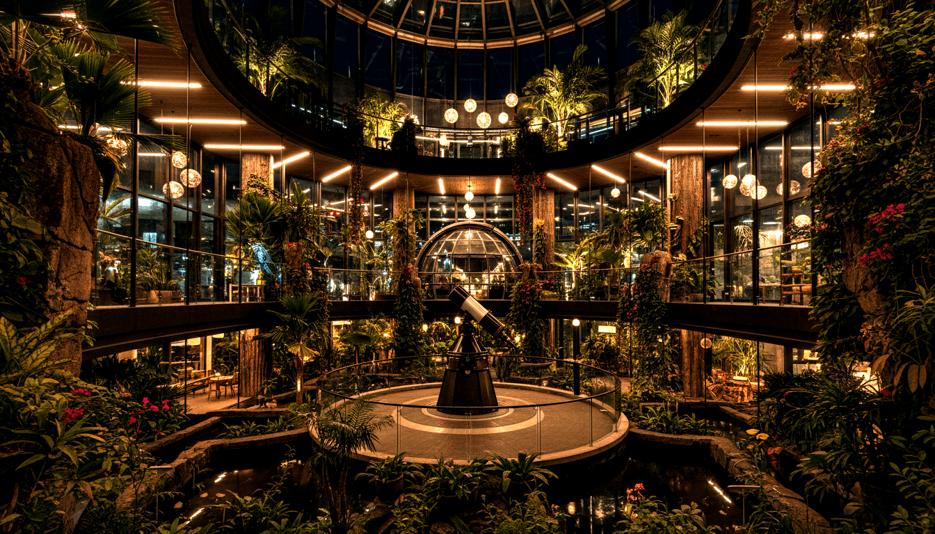 Indoor atrium at night: tropical palms, pink flowers, central circular platform with large telescope, domed glass ceiling above.