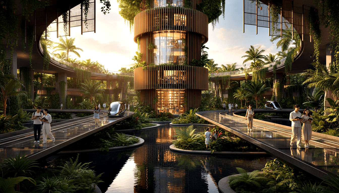 CGI copper-slat cylindrical tower with glowing bookshelves, diagonal walkways, reflective water channel, palms, and pod vehicles.