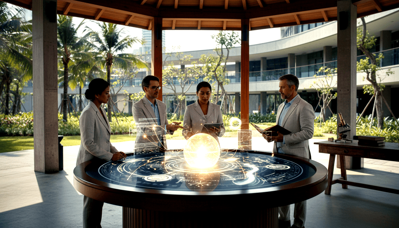 Four professionals around a circular dark table projecting a glowing golden-white spherical hologram with floating translucent data panels.