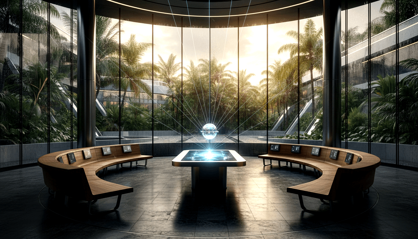 CGI circular meeting room: cyan holographic table, hovering crystalline sphere with starburst rays, curved benches, rain-streaked glass walls.