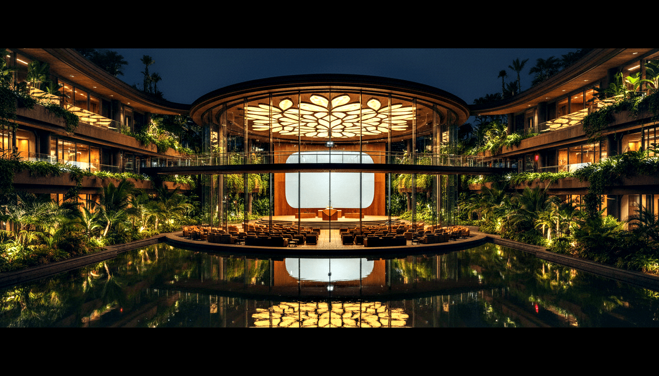 Circular glass auditorium with honeycomb ceiling, flanked by curved wings with planted terraces, reflected in a foreground pool at night.