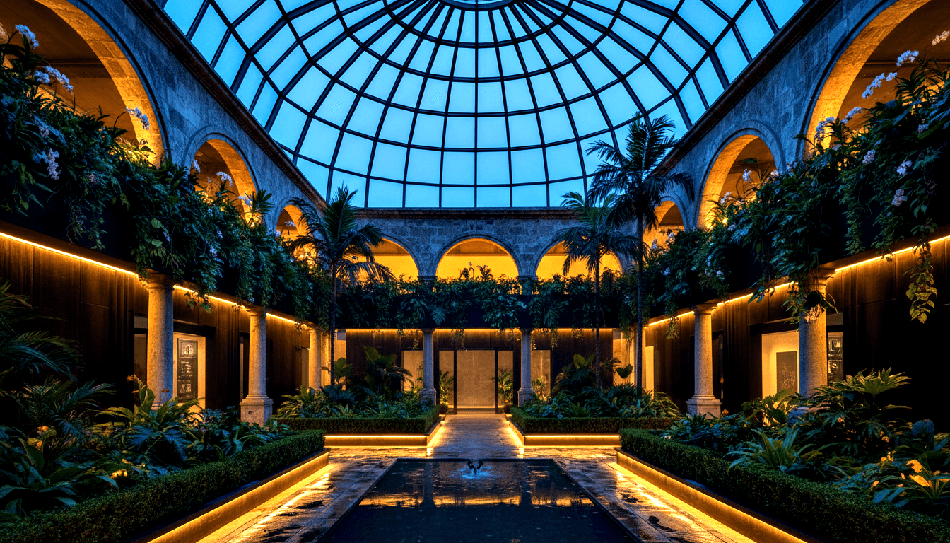 Symmetrical atrium with ribbed glass dome, reflecting pool, fountain, palms, purple flowers, and sandstone arched columns.