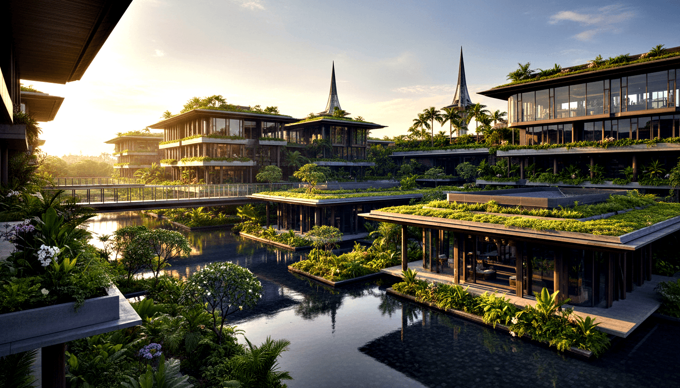 Multi-building complex with glass facades, green rooftop gardens, dark-water canals, and two metallic spires under golden-hour light.